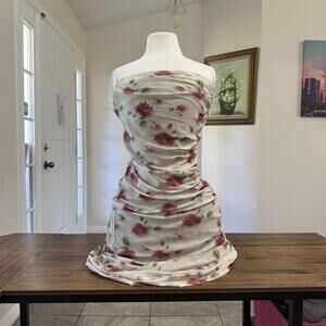 Simple Retro Floral Ruched Midi Dress XS